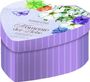 Text: "NIMM EINS Momente der Liebe FÜR EUCH". Herzförmige Box, lila mit Blumenmuster und Schmetterling.