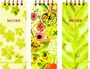 Links "NOTES" auf gelbem Hintergrund mit grünen Blumen. Mitte: Bunter Blumendruck. Rechts "NOTES" mit gelbem Blattmuster.
