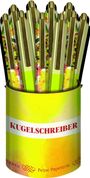Text: "KUGELSCHREIBER". Eine gelbe Verpackung mit mehreren bunten Kugelschreibern darin.