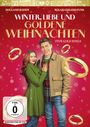 Titel: "Winter, Liebe und Goldene Weihnachten". Zwei lächelnde Personen in Winterkleidung, rote Schneeflocken als Hintergrund.