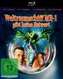 „Weltraumschiff MR-1 gibt keine Antwort“. Science-Fiction-Illustration mit grüner Kreatur und Menschen hinter einem Bullauge.