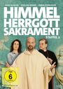 Oben: Titel "Himmel, Herrgott, Sakrament Staffel 2". Drei Personen, mittig ein Mann in priesterlicher Kleidung.