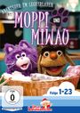 Oben: "Abenteuer im Leckerladen mit Moppi und Miwau", darunter zwei fröhliche Puppen, Katze und Hund.