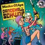 „Moskovskaya Dancehall Schwof“ auf einem gelben Banner. Cartoon-Illustration von tanzenden, feiernden Menschen mit Disco-Kugel.