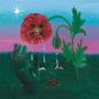 Gemälde: Eine große, rote Blume mit einer weinenden, unsichtbaren Gesichtskontur darunter, vor blau-lila Himmel.