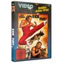 „Kick & Fury“, „Kickbox-Action TOTAL!“, „Nicht freigegeben unter 18 Jahren“. Mann im Sprung, aggressive Pose, zwei Hunde.