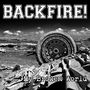 "BACKFIRE! My Broken World" in großen Buchstaben. Schwarz-weiß-Foto einer verfallenen Landschaft mit Autoteilen.