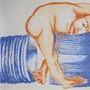 Illustration eines nackten Menschen, der sich auf einem blauen Zylinder in einer gekrümmten Position befindet.