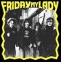 "FRIDAY MY LADY" in gelbem Text, vier Personen in schwarzem Hintergrundstil, mit welligem Bilderrahmen.