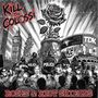 "Kill the Colossi" und "Roses & Riot Shields" steht drauf. Illustration: Polizisten, große Rose, London-Umgebung.
