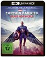 "4K ULTRA HD", "CAPTAIN AMERICA, BRAVE NEW WORLD", "FSK ab 12 freigegeben". Superheld mit Flügeln und Schild in der Luft.
