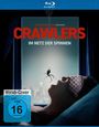 Text: "CRAWLERS - IM NETZ DER SPINNEN", "Vom Produzenten von John Wick", "Vorab-Cover", "FSK ab 16 freigegeben". Eine Spinne vor einem Fenster über einer liegenden Person mit Schlafmaske.