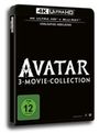 Text: "4K ULTRA HD", "VORLÄUFIGE ABBILDUNG", "AVATAR 3-MOVIE-COLLECTION", "FSK 12". Schwarzes Blu-ray-Cover.