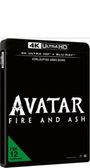 Text: "4K ULTRA HD", "AVATAR FIRE AND ASH", "VORLÄUFIGE ABBILDUNG", "FSK 12". Schwarzes DVD-Cover.