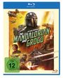 Illustration: "Star Wars: The Mandalorian and Grogu". Helmträger mit Kind, Raumschiffe und Action-Szenen, FSK 12.