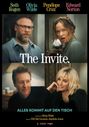 „The Invite.“ oben: Seth Rogen, Olivia Wilde, Penélope Cruz, Edward Norton. Unten: „ALLES KOMMT AUF DEN TISCH“. Menschen an einem Tisch.