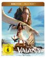 "4K Ultra HD + Blu-ray. FSK ab 6 freigegeben. Disney Vaiana. Illustration eines Mädchens auf einem Floß mit Tieren."