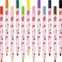 Bleistifte mit "EXAM" Etikett, rosa mit Kirschen verziert, Spitzen in verschiedenen Farben von orange bis schwarz.