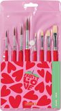 Text: "Fruity Love", "Name · Nom". 

Acht rote Pinsel auf rosa Herz-Hintergrund. Verpackung in Rosa. 