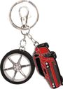 Ein Schlüsselanhänger mit einem silbernen Rad und einem roten Auto.