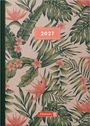 „2027“ in einem rosa Feld. Üppige grüne Blätter und rosa Blüten bilden ein florales Muster.