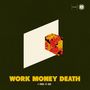 "WORK MONEY DEATH" und "A PORTAL TO HERE" auf dunklem Hintergrund mit einem stilisierten, floralen Muster in einem Sechseck.