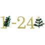 "1-24" in goldfarbener Stickschrift, flankiert von Tannenzweigen. Rechts ein mit Stern dekorierter Tannenbaum.