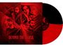 Text: "BEYOND THE BLACK". Rote und schwarze Schallplatte mit Porträts einer Band, verzerrte Linien und Pflanzenmotive.