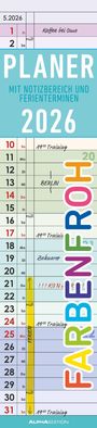 : Planer Farbenfroh 2026 - Streifen-Kalender 11,3x49x5 cm - Küchenkalender - Wandplaner - Alpha Edition, KAL