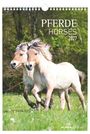 Text: "PFERDE HORSES 2027". Zwei Pferde galoppieren durch eine grüne Wiese, im Hintergrund Wald.