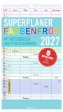 Text oben: "Mamma, Papa, Äyleen, Fyuu, Geburtstage"  
Mitte: "SUPERPLANER FARBENFROH 2027"  
Unten: Kalender mit Terminen.