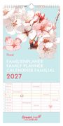 "Floral Familienplaner 2027" steht in großen Buchstaben. Darunter ist eine Illustration von Kirschblüten auf hellblauem Hintergrund.