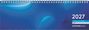 2027, TISCHQUERKALENDER, BLAU. Ein blauer Kalender mit Spiralbindung oben und geschwungenen Linien.