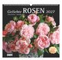 "Geliebte ROSEN 2027", Rosenbouquet mit zartrosa Blüten. Darunter Tabelle, oberer Bereich dunkel, unterer Bereich hell.