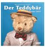 "Der Teddybär Kalender 2027". Ein Plüschbär im Anzug mit Fliege und Strohhut vor einem blauen Hintergrund.