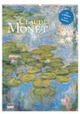 Text: "CLAUDE MONET", "mit 12 Bildern zum Rahmen". Seerosen auf Wasser, impressionistische Malerei in grünen und blauen Tönen.