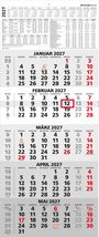 Kalender für 2027, Monate Januar bis Mai. Feiertage wie Neujahr, Valentinstag und Ostern hervorgehoben.
