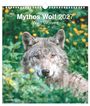 "Mythos Wolf 2027 Wild Wolves" steht über einem Wolfskopf in einem Feld mit grünen Blättern und gelben Blumen.