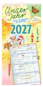 "Unser Jahr 2027" steht groß geschrieben. Ein bunter Familienkalender mit Illustrationen, u.a. von einem Kind und einem Schneemann.