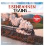 "EISENBAHNEN TRAINS 2027", "PLUS BUCKET LIST". Dampflok fährt durch herbstliche Landschaft, mit Rauch und buntem Laub.