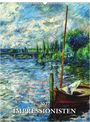 Text: „2027 IMPRESSIONISTEN“. Eine impressionistische Landschaft mit Fluss, Boot, Bäumen und bewölktem Himmel.