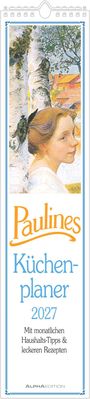 "Paulines Küchenplaner 2027. Mit monatlichen Haushalts-Tipps & leckeren Rezepten." Illustration: Frau mit Bäumen.