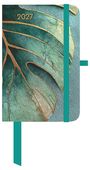 2027 in goldener Schrift. Abstraktes Design einer Blattstruktur in Grün- und Goldtönen auf einem Notizbuchdeckel.