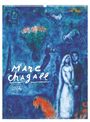 „Marc Chagall 2027“. Eine fantasievolle Illustration in Blau mit Hochzeitspaar, Tieren und Blumen.