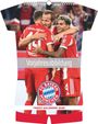 Text: "Vorjahresabbildung", "Trikot-Kalender 2026". Drei Fußballspieler in roten Trikots umarmen sich. FC Bayern München Logo.
