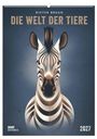 "Die Welt der Tiere 2027" von Dieter Braun. Illustration eines Zebras frontal vor blauem Hintergrund.