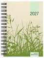 Text: "2027" und "gedruckt auf GRASPAPIER". Illustration von grünen Gräsern auf beigem Hintergrund, Spiralbindung links.