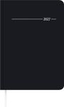 Text: "2027". Schwarze Notizbuchabdeckung mit weißem Lesezeichenband unten. Minimalistisches Design.