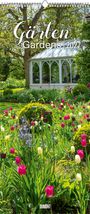 „Gärten | Gardens | 2027“, darunter farbenfrohe Blumen in einem sonnigen Garten vor einem gläsernen Pavillon.