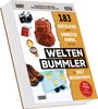 Buchtitel: "183 nützliche und unnütze Dinge, die ein Weltenbummler in 2027 wissen muss". Rucksack, Kompass, Kamera.